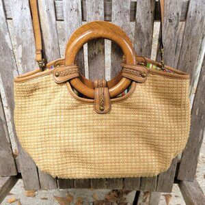 FOSSIL Tweed Fabric Wood Handle Satchel Crossbody Bag
